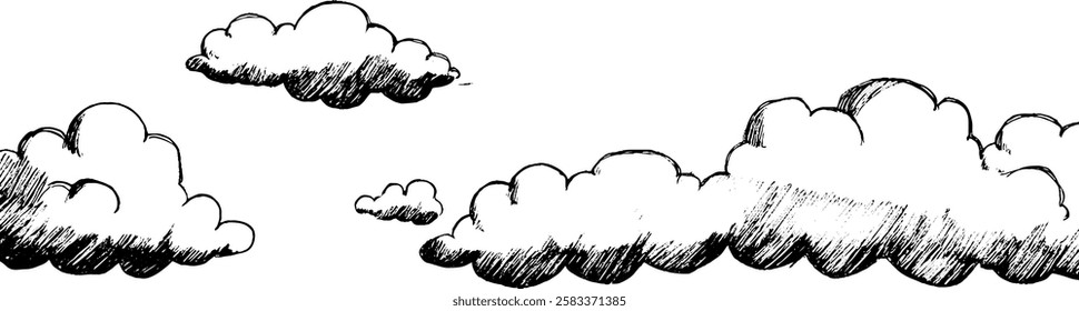 A sketch of fluffy clouds in a whimsical style, floating against a white background.