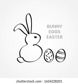 A sketch of a fluffy Easter bunny with Easter eggs with an ornament in a linear style. logo or emblem for easter business. flat vector illustration