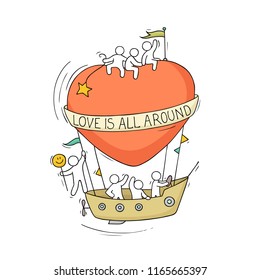 Sketch of fly big heart with cute little people. Doodle cute miniature romantic scene about love. Hand drawn cartoon vector illustration for valentine day design.