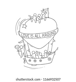Sketch of fly big heart with cute little people. Doodle cute miniature romantic scene about love. Hand drawn cartoon vector illustration for valentine day design.