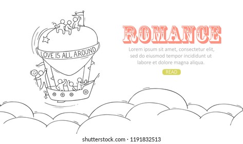 Sketch of fly big heart with cute little people. Doodle cute miniature romantic scene with space for text. Hand drawn cartoon vector illustration for valentine day design.