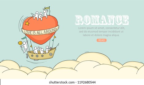Sketch of fly big heart with cute little people. Doodle cute miniature romantic scene with space for text. Hand drawn cartoon vector illustration for valentine day design.