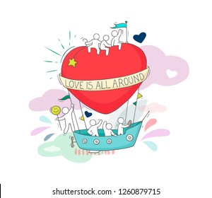 Sketch of fly big heart with cute little people. Doodle cute miniature romantic scene about love. Hand drawn cartoon vector illustration for valentine day design.