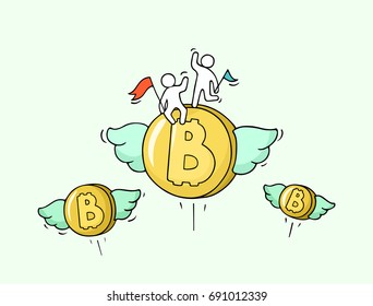 Sketch of flying bitcoins with little workers. Doodle cute miniature with money and teamwork. Hand drawn cartoon vector illustration for finance design.