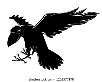  Sketch of a flying black crow on a white background.