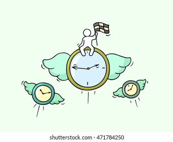 Sketch of flying clocks with little worker. Doodle cute miniature about leadership and deadline. Hand drawn cartoon vector illustration for business design.