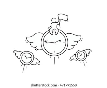 Sketch of flying clocks with little worker. Doodle cute miniature about leadership and deadline. Hand drawn cartoon vector illustration for business design.