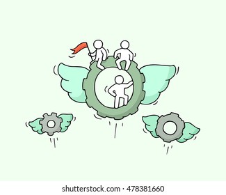 Sketch of flying cogwheels with little workers. Doodle cute miniature about technology. Hand drawn cartoon vector illustration for business and industry design.