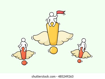 Sketch of flying exclamation points with little workers. Doodle cute miniature with signs and teamwork. Hand drawn cartoon vector illustration for business design.