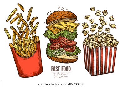 Sketch flying fast food collection with classic burger, box with french fries and popcorn with levitation ingredients. Vector colorful hand drawn illustration for menu, advertising, banners