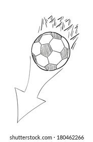 sketch of the flying football ball with flames behind and arrow on white background, isolated