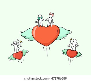 Sketch of flying hearts with cute little people. Doodle cute miniature romantic scene about love. Hand drawn cartoon vector illustration for valentine day design.