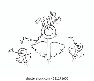 Sketch of flying keys with little workers. Doodle cute miniature about business idea. Hand drawn cartoon vector illustration for business and security design