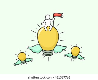 Sketch of flying lamp ideas. Doodle cute miniature scene of creative worker. Hand drawn cartoon vector illustration for business design and infographic.