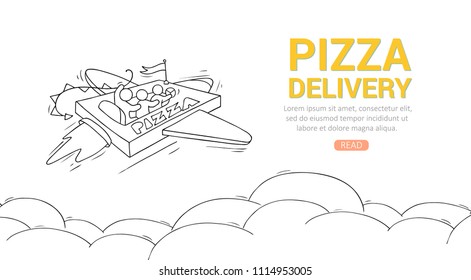 Sketch flying little people on pizza. Doodle cute miniature scene about fast delivery with space for text. Hand drawn cartoon vector illustration for food design.
