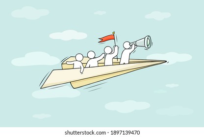 Sketch of flying paper plane with little workers. Doodle cute miniature about leadership and discovery. Hand drawn cartoon vector illustration for business and education design.