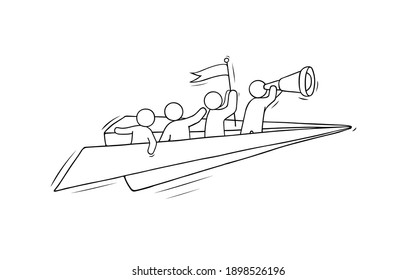 Sketch of flying paper plane with little workers. Doodle cute miniature about leadership and discovery. Hand drawn cartoon vector illustration for business and education design.