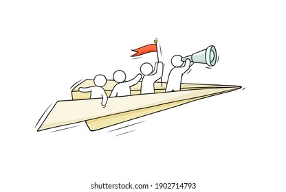 Sketch of flying paper plane with little workers. Doodle cute miniature about leadership and discovery. Hand drawn cartoon vector illustration for business and education design.