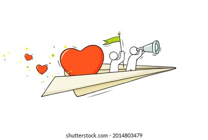 Sketch of flying paper plane with little people and big heart. Doodle cute miniature about love and friendship. Hand drawn cartoon vector illustration for romantic and valentine design.