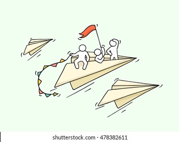 Sketch of flying paper plane with little workers. Doodle cute miniature about leadership and discovery. Hand drawn cartoon vector illustration for business and education design.