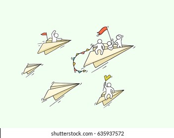 Sketch of flying paper plane with little workers. Doodle cute miniature about leadership and discovery. Hand drawn cartoon vector illustration for business and education design.