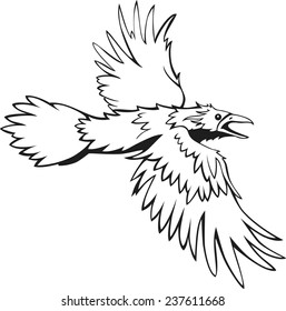 sketch of flying raven, black and white, outline