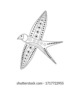 Dibujo de una golondrina voladora con un patrón de flores y círculos