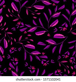 Sketch foliage on a dark background print for textile. The drawn branches with leaves are a beautiful illustration for the fabric. Design decorative ornament pattern seamless. Vector.