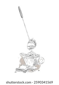 Sketch of fondue fork with strawberries with melted chocolate in saucer with separate whole pieces around. Black and white engraved hand drawing. Sweet treat. Isolated background.