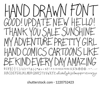 Sketch font. Alphabet handwritten, comics style.