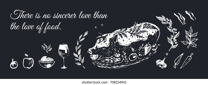 sketch of food chalk on a black board - fried piglet, wine and spices. composition for the design of posters and black walls in a cafe and restaurant. Isolated vector