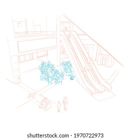 Sketch of food court in the shopping center. Hand drawn vector illustration. 