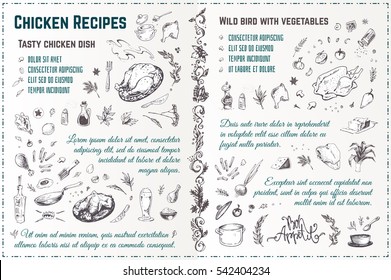 Sketch food icons 4 design cookbook. chicken menu page template. Isolated vector vintage. Beef, brisket, utensils, recipe, vegetables. Cooking food