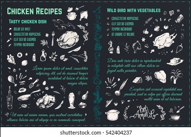 Sketch food icons 4 design cookbook. chicken menu page template. Isolated vector chalk on Blackboard. Cooking healthy food. spices, recipe, vegetables