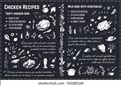 Sketch food icons 4 design cookbook. chicken menu page template. Isolated vector chalk on Blackboard. Beef, brisket, spices, recipe, vegetables. Cooking, healthy