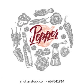 Sketch food round composition with chili pepper elements of different sorts on white background isolated vector illustration