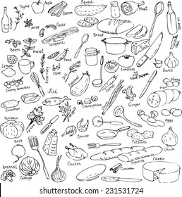 Sketch Of Foods, Utensils And Kitchen Equipment, Hand Drawn Vector Illustration