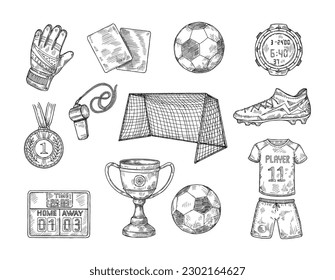 Sketch football elements. Hand drawn soccer ball, sports uniform, championship cup and soccer goal vector illustration set of sport football doodle, game ball