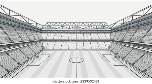 Skizze mit Fußballfeld. Farbbuch mit Sportstadion im Freien mit Scheinwerfern und Lüfterständen, Toren und Rasen. Schwarz-Weiß-Zentangle-Gravierungsfußball. handgezeichnete flache Vektorgrafik