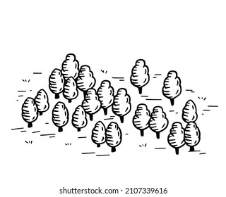 Bosque de esbozo para el mapa. Arboles dibujados a mano. Zona del parque. El paisaje natural. Caricatura del esquema del doodle
