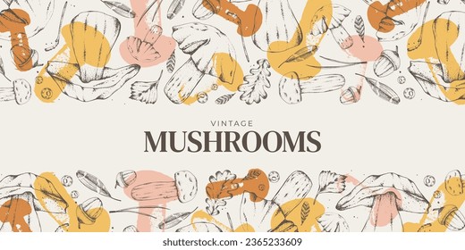 Sketch of forest plants. Mushrooms. Graphic horizontal banner made of porcini, branches, leaves. Vector illustration for menu design, labels, product packaging