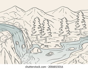 Sketch Of Forest With Waterfall Landscape Illustration