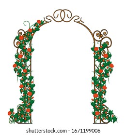 Sketch forged arch decorated with red roses and green leaves. Suitable for logo, book, symbol, invitation, greeting card