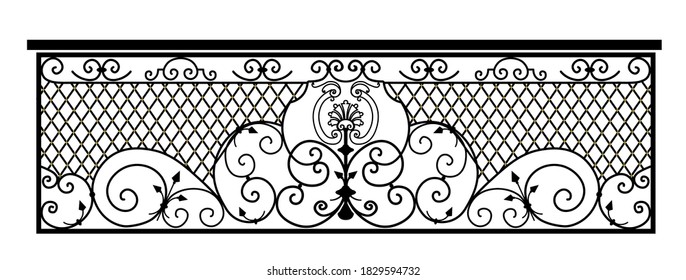 SKETCH of forged metal elements with antique ornaments. Artistic forging belongs to the category of handwork. set of decorative curl borders on white background. BALCONY.