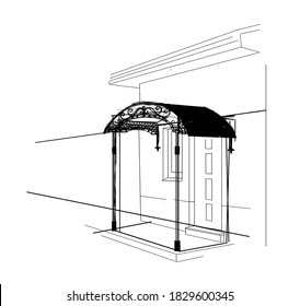 SKETCH of forged metal elements with antique ornaments. Artistic forging forged stair railing visor.