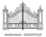 Sketch of forged metal gates. Artistic forging double-leaf garden doors made of iron.