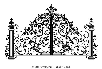 Sketch of forged metal gates. Artistic forging double-leaf garden doors made of iron.