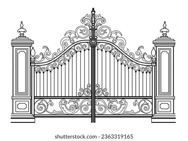 Esbozo de puertas de metal forjado. Puertas de jardín de doble hoja de forja artística hechas de hierro.