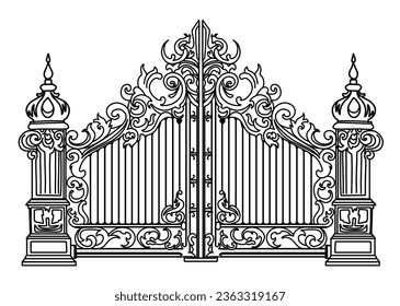 Sketch of forged metal gates. Artistic forging double-leaf garden doors made of iron.