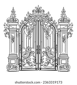 Sketch of forged metal gates. Artistic forging double-leaf garden doors made of iron.